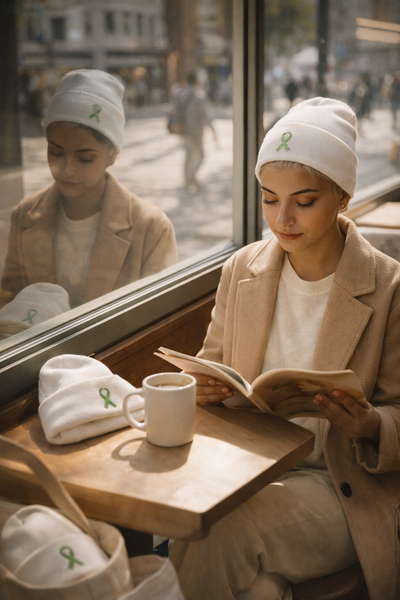 White Beanie with Kelly Green Ribbon